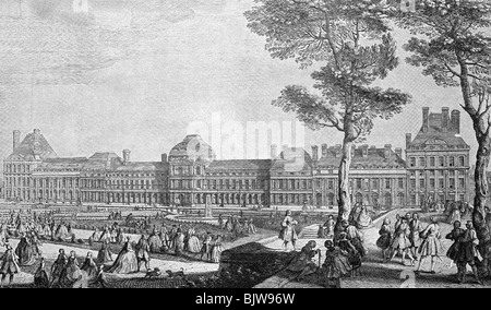 Geographie/Reise, Frankreich, Paris, Burgen, Tuilerien, ehemalige Residenz der französischen Könige, nach Gravur durch Rigaud, 18. Jahrhundert, historisch, historisch, Residenzen, Palast, Schloss, Stadt, Stadt, niedergebrannt: 1871, Stockfoto