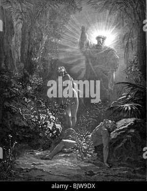 Religion, biblische Szenen, Adam und Eva, Paradies, Schaffung von Eva, holzstich von Gustave Dore (1832 - 1883), Artist's Urheberrecht nicht geklärt zu werden. Stockfoto