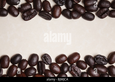 Kaffeebohnen auf einem Pergament-Papier-Hintergrund Stockfoto