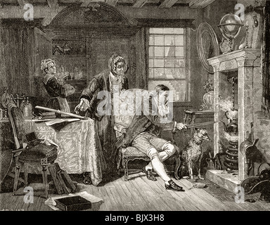 James Watt 1736-1819. Schottische Erfinder und Maschinenbau Ingenieur Beobachtung Dampf steigt aus einem Kessel als er ein junger Mann war. Stockfoto