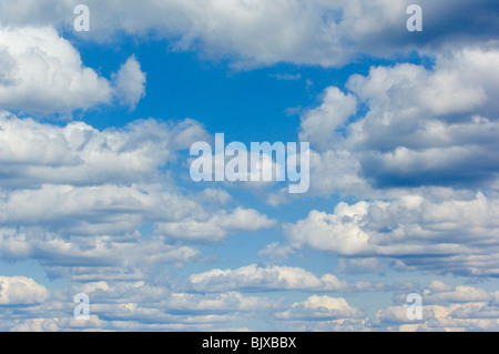 Ein blauer Himmel mit weißen geschwollenen Wolken gefüllt Stockfoto