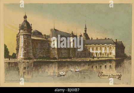 Um 1890 handkolorierten Kupferstich des Chateau de Chantilly, Frankreich von Yvonne Bouisset Mignon. Stockfoto