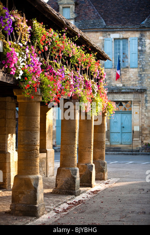 Geranien im Dorf Platz von Domme, Dordogne, Frankreich. Stockfoto