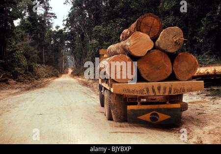 Logging Truck mit brasilianischer Flagge paragominas para Brasilien. Südamerika. Stockfoto