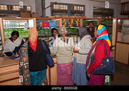 Indien, Tamil Nadu, Udhagamandalam (Ooty) Doddabetta Teefabrik, indische Touristen kaufen verarbeiteten verpackt Tee im Fabrikladen Stockfoto