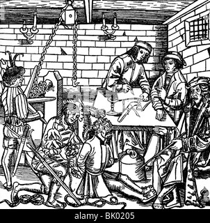 Gerechtigkeit, Folter, Vorbereitung schmerzhafter Fragen, Holzschnitt, Bamberg, Constitutio Criminalis bamgergensis, von Johannes von Schwarzenberg, 1507, Stockfoto