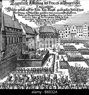 Ereignisse, Der Dreißigjährige Krieg 1618 - 1648, böhmisch-pfälzischer Krieg 1618 - 1626, Hinrichtung böhmischer Aufständischer in Prag, 21.6.1621, zeitgenössischer Kupferstich, Stockfoto