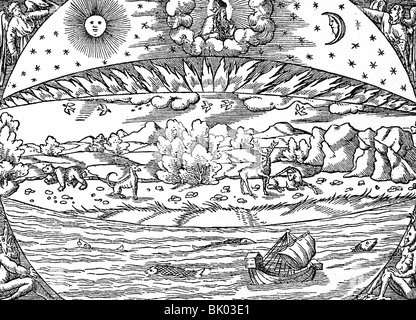 Religion, Christenheit, biblische Szenen, Genesis, Holzschnitt zur Kosmografie von Sebastian Münster, 1550, Stockfoto