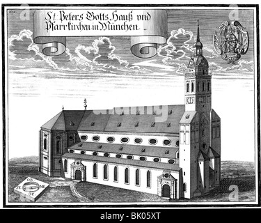 Geographie/Reise, Deutschland, München, Kirchen, Pfarrkirche Sankt Peter (Peters' Kirche), Westfront, Kupferstich von Michael Wening, Anfang 18. Jahrhundert, Stockfoto