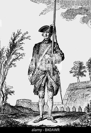 Militär, Frankreich, Französische Armee, Wachen, Wachen (Gardes Francaises), Soldat in Service Kleid, Kupferstich, ca. 1750, Artist's Urheberrecht nicht geklärt zu werden. Stockfoto