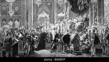 Charles X Philip, 9.10.1757 - 6.11.1836, König von Frankreich, 16.9.1824 - 2.8.1830, Krönung, Salbung, die Kathedrale von Reims, 29.5.1825, zeitgenössischer Holzstich von Diem, Artist's Urheberrecht nicht gelöscht werden Stockfoto