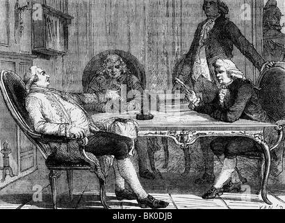 Ludwig XVI., 23.8.1754 - 21.1.1793, König von Frankreich 10.5.174 - 21.9.173, Prozess, mit seinen Angeklagten, Holzgravur, 19. Jahrhundert, Stockfoto