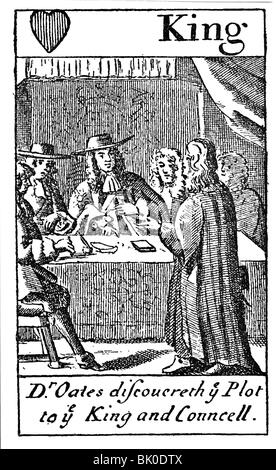 Oates, Titus, 15.9.1649 - 12./13.07.1705, englischer Geistlicher, halbe Länge, erzählen die Geheimen Rat über eine katholische Verschwörung, London, 28.9.1678, Kupferstich, Ende des 17. Jahrhunderts,, Artist's Urheberrecht nicht geklärt zu werden. Stockfoto