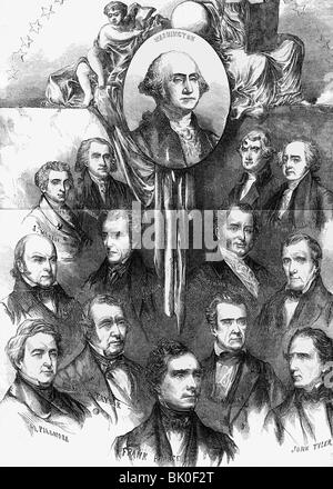 Geografie/Reisen, USA, Politik, Präsident 1789 - 1857, Holzgravur von Pierson, ca. 1855, George Washington, John Adams, Thomas Jefferson, James Madison, James Monroe, John Quincy Adams, Andrew Jackson, Martin Van Buren, William Henry Harrison, John Tyler, James K. Polk, Zachary Taylor, Millard Fillmore, Franklin, Politiker, präsident, Jahrhundert, historisch, historisch, Menschen, Stockfoto