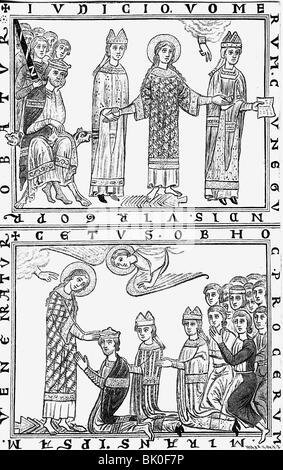 Cunigunde, ca. 980 - 3.3.1033, Heiliger, Heiliger römischer Kaisersteinbruch 15.5.1004 - 14.2.1014, Prozess nach dem Ordeal, nach Miniatur, "Henrici et cunigundae vita", Deutschland, 12. Jahrhundert, Stockfoto