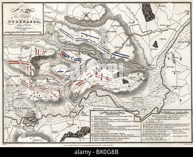 Ereignisse, Krieg der Spanischen Nachfolge 1701 - 1714, Plan der Schlacht von Oudenaerd, 11. Juli 1708, Sieg der Verbündeten britischen, preussischen und niederländischen Truppen unter dem Kommando von John Churchill, 1. Herzog von Marlborough, Und Prinz Eugene von Savoyen gegen die Franzosen, Karte gedruckt in London im Jahre 18th, Karten, Militär, Pläne, 18. Jahrhundert, Belgien, Bündnispartner, Oudenarde, historisch, historisch, Oudenaarde, Scheldt, Stockfoto