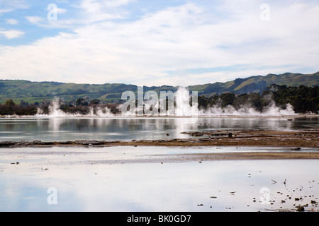 Rotorua Nordinsel Neuseeland. Schwefeldampf steigt aus dem Wasser in Lake Rotorua in "Schwefel-Stadt" Stockfoto