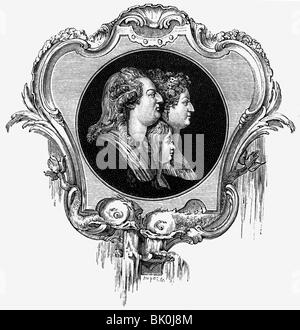 Ludwig XVI., 23.8.1754 - 21.1.1893, König von Frankreich 10.5.4.4.4.4.4, mit Frau Marie Anteinette und Sohn Charles Louis, Holzgravur nach dem Schorfer von Saint-Aubin, Stockfoto