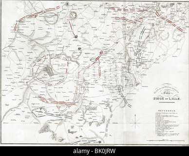 Ereignisse, Krieg der spanischen Nachfolge 1701 - 1714, Plan der Operationen zur Abdeckung des Sieges von Lille (Sommer und Herbst 1708), gedruckt in London, 184, 18. Jahrhundert, Karte, Karten, historisch, historisch, Pläne, Festung, Truppen, Englisch, Allied, Französisch, Frankreich, John Churchill, 1. Herzog von Marlborough, Stockfoto