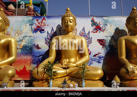 Goldene Buddhas im Sop Ruak, das goldene Dreieck, durch den Mekong im Norden Thailands Stockfoto