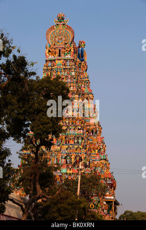 Tamil Nadu, Madurai, Indien, Sri-Meenakshi-Tempel, neu restaurierte südlichen Gopuram, vollgestopft mit Gottheiten Stockfoto