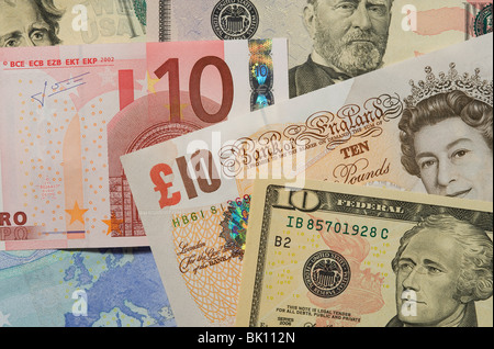 zehn Euro, Pfund, Dollar-Banknoten Stockfoto