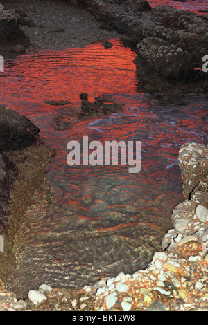 tiefroten Sonnenuntergang Wasser Reflexion an Pfütze Küste Stockfoto