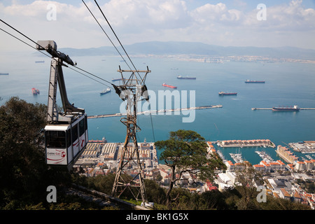 Ariel Ansicht von Gibraltar vom Oberen Felsen mit Seilbahn Stockfoto