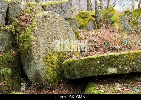 Aufgegeben von Mühlsteinen in einem alten Steinbruch im Peak District, Derbyshire, England, UK Stockfoto