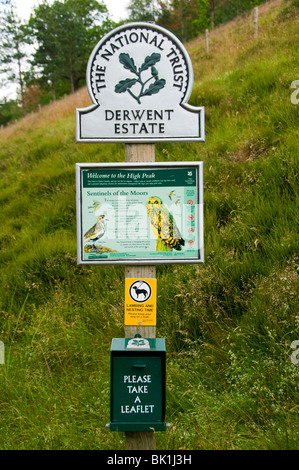 National Trust Informationen melden auf dem Derwent-Anwesen in der Nähe von Ladybower Vorratsbehälter, Peak District, Derbyshire, England, UK Stockfoto