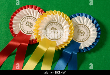 Blau, gelb und rot Gewinner Rosetten. Stockfoto