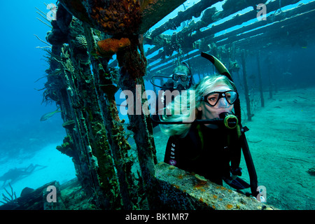 Taucher am Wrack Stockfoto