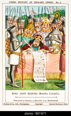 König Johann 1215 die Magna Carta in Runnymede anmelden. Comic-Geschichte der England Reihe Sammler Karte. Stockfoto