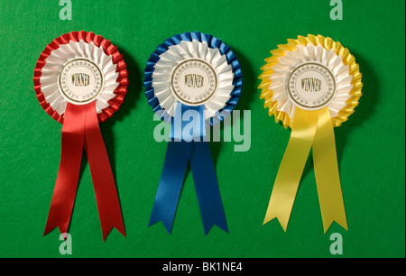 Blau, gelb und rot Gewinner Rosetten. Stockfoto