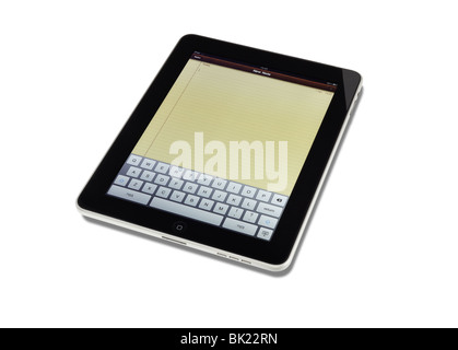 Apple iPad Studioaufnahme Ausschneiden auf weißem Hintergrund mit Schatten und clipping-Pfad zeigt Hinweis pad und touch-Screen-Tastatur. Stockfoto