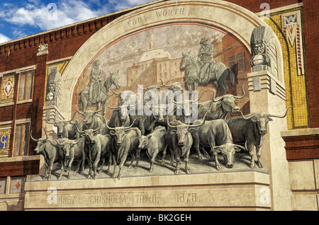 Chisholm Trail Cattle Drive Wandbild von Richard Haas am Sundance Square in Fort Worth, Texas, USA Stockfoto