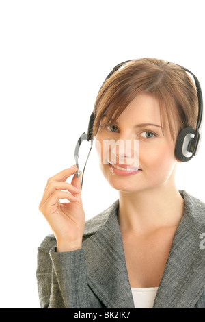Porträt von freundlichen Sekretärin/Telefonistin tragen Kopfhörer isoliert auf weißem Hintergrund Stockfoto