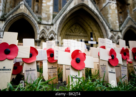 Mohnblumen auf Holzkreuzen liegen auf dem Rasen vor Westminster Abbey für Gedenktag, London, 11. November 2006. Stockfoto