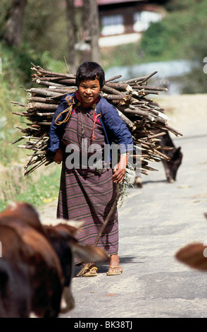 Bhutan Frau mit Brennholz auf dem Rücken, Königreich Bhutan Stockfoto