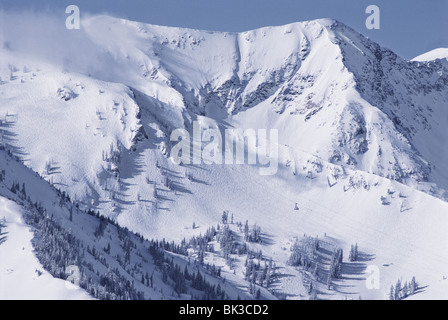 Snowbird Straßenbahn hängt über der Cirque in Snowbird Ski & Snowboard Resort, Wasatch Mountains, Utah Stockfoto