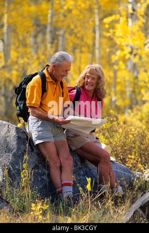 Ein älteres Paar wird angehalten, um die Karte beim Wandern durch ein Wäldchen aspen in den Wasatch Mountains von Norden Utahs zu überprüfen. Stockfoto