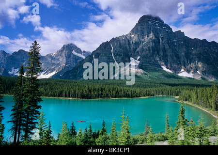 Kajakfahren auf Wasservögel See unter Mount Chephren entlang des Icefields Parkway, kanadischen Rocky Mountains, Banff NP, Alberta, Kanada. Stockfoto