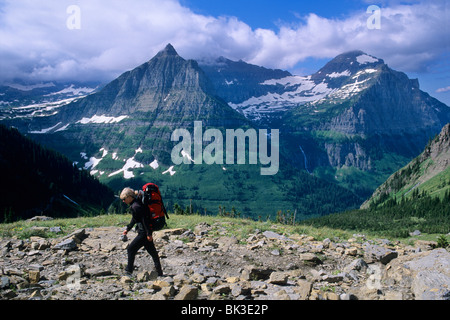 Wandern entlang der Highline-Trail unterhalb der Gartenmauer im Glacier National Park, Montana. Stockfoto