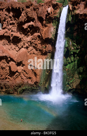 Frau watet in Pool am Fuße des Mooney Fälle entlang Havasu Creek in der Supai Nation in der Grand Canyon in Arizona. Stockfoto