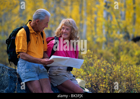 Ein älteres Paar wird angehalten, um die Karte beim Wandern durch ein Wäldchen aspen in den Wasatch Mountains von Norden Utahs zu überprüfen. Stockfoto