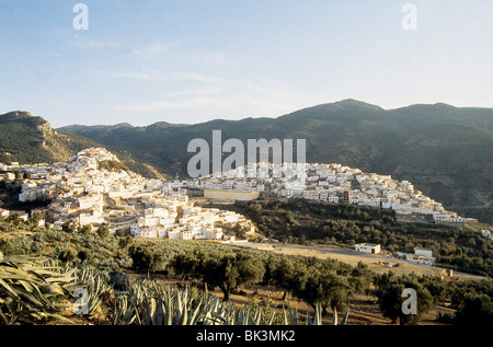 Landschaft und Stadt Moulay Idriss, Moulay Driss Zerhoun erstreckt sich über zwei Hügel am Fuße des Mount Zerhoun.in die Region Fès-Meknès, Marokko, Afrika Stockfoto