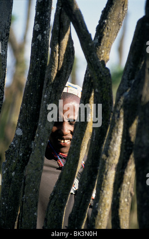 Porträt eines Maasai-Dorfbewohners, der durch einen Enkang, einen schützenden Holzzaun in Tansania, Ostafrika, blickt Stockfoto