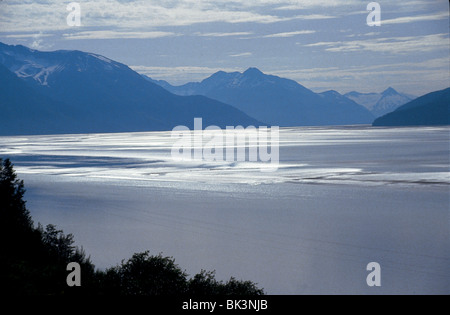 Landschaftlich reizvoller Blick auf die Berge und den Portage Glacier Lake auf der Kenai Halbinsel in Alaska, USA Stockfoto