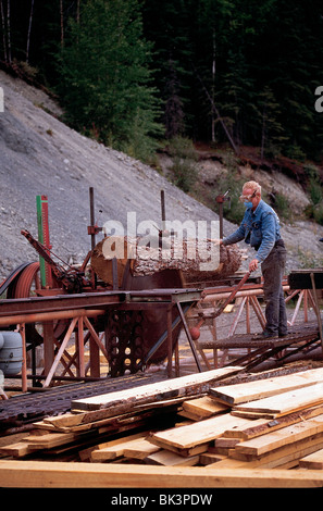 Eine Person, die mit einem Baumstamm in einem Freiluft-Sägewerk im Kenai Peninsula Borough bei Cooper Landing, Alaska, arbeitet Stockfoto