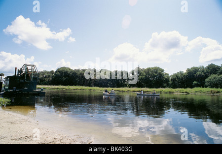 Ein Luftkissenboot (Tour Straßenbahn auf der linken Seite) und zwei Kanus im Myakka River State Park, Florida Stockfoto